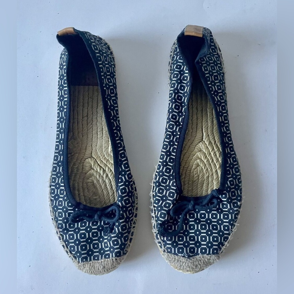 Tory Burch Ballet Canvas Print Espadrilles Flats Confort Navy / White Women's 7